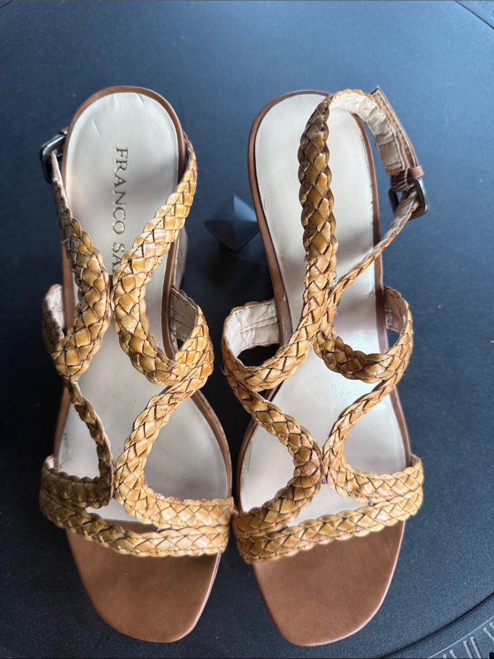Franco Sarto Braided Strappy Heeled Sandals in Tan and Cream